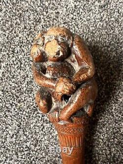 Old Antique Vintage Japanese Walking Stick Cane Carved Monkey Bamboo Netsuke