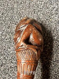 Old Antique Vintage Japanese Walking Stick Cane Carved Monkey Bamboo Netsuke