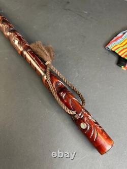 Old New Zealand Carved Wooden Walking Stick with inlaid Paua Shell