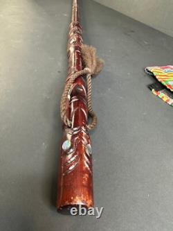 Old New Zealand Carved Wooden Walking Stick with inlaid Paua Shell