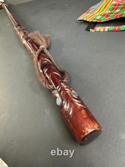 Old New Zealand Carved Wooden Walking Stick with inlaid Paua Shell