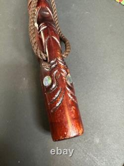 Old New Zealand Carved Wooden Walking Stick with inlaid Paua Shell