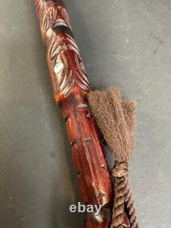Old New Zealand Carved Wooden Walking Stick with inlaid Paua Shell
