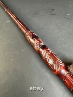 Old New Zealand Carved Wooden Walking Stick with inlaid Paua Shell