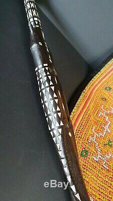 Old Papua New Guinea Solomon Island Inlaid Carved Ebony & Mother of Pearl Walkin
