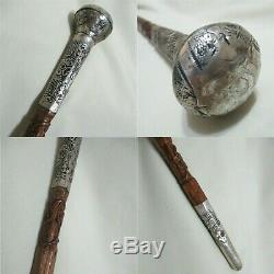 Old Silver Chiselled Flowers Handle Cf Carved Wood Cane Elegant Walking Stick