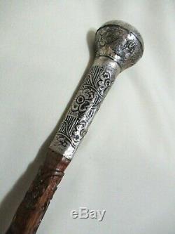 Old Silver Chiselled Flowers Handle Cf Carved Wood Cane Elegant Walking Stick