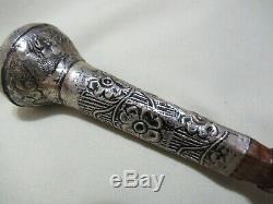 Old Silver Chiselled Flowers Handle Cf Carved Wood Cane Elegant Walking Stick