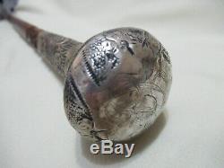 Old Silver Chiselled Flowers Handle Cf Carved Wood Cane Elegant Walking Stick