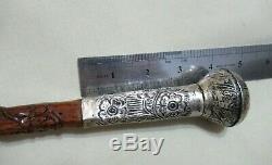 Old Silver Chiselled Flowers Handle Cf Carved Wood Cane Elegant Walking Stick