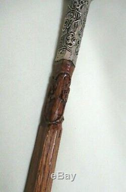 Old Silver Chiselled Flowers Handle Cf Carved Wood Cane Elegant Walking Stick