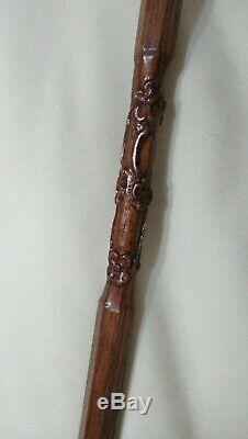 Old Silver Chiselled Flowers Handle Cf Carved Wood Cane Elegant Walking Stick