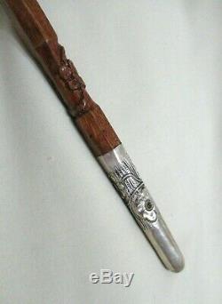 Old Silver Chiselled Flowers Handle Cf Carved Wood Cane Elegant Walking Stick