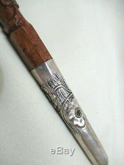 Old Silver Chiselled Flowers Handle Cf Carved Wood Cane Elegant Walking Stick