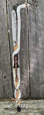 Old Wood Tribal Serpent Snake Charmer Walking Stick Folk Art Carved Decorated