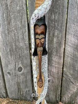 Old Wood Tribal Serpent Snake Charmer Walking Stick Folk Art Carved Decorated