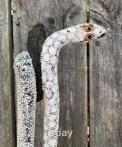 Old Wood Tribal Serpent Snake Charmer Walking Stick Folk Art Carved Decorated