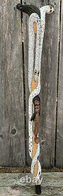 Old Wood Tribal Serpent Snake Charmer Walking Stick Folk Art Carved Decorated