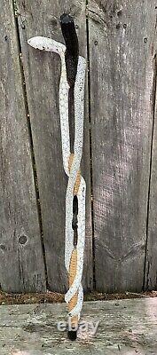 Old Wood Tribal Serpent Snake Charmer Walking Stick Folk Art Carved Decorated