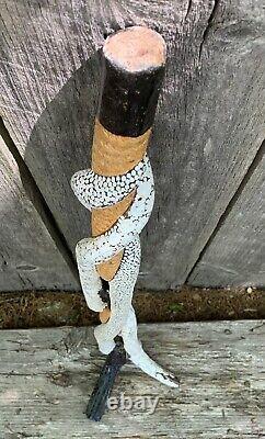 Old Wood Tribal Serpent Snake Charmer Walking Stick Folk Art Carved Decorated