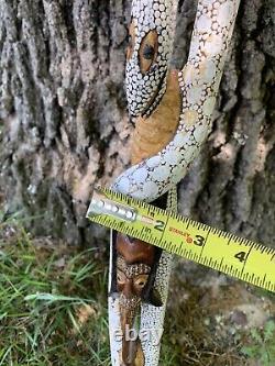 Old Wood Tribal Serpent Snake Charmer Walking Stick Folk Art Carved Decorated