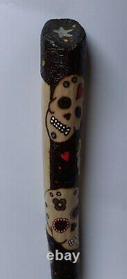 Ooak Hazel walking stick with pyrography skulls. Sugar skulls. Candy skull