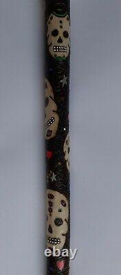 Ooak Hazel walking stick with pyrography skulls. Sugar skulls. Candy skull