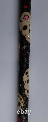 Ooak Hazel walking stick with pyrography skulls. Sugar skulls. Candy skull