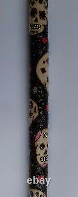 Ooak Hazel walking stick with pyrography skulls. Sugar skulls. Candy skull