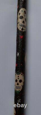 Ooak Hazel walking stick with pyrography skulls. Sugar skulls. Candy skull