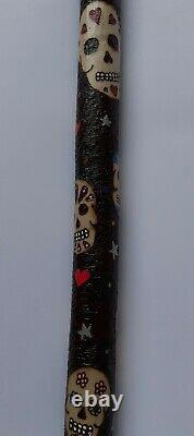 Ooak Hazel walking stick with pyrography skulls. Sugar skulls. Candy skull