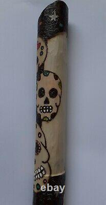 Ooak Hazel walking stick with pyrography skulls. Sugar skulls. Candy skull