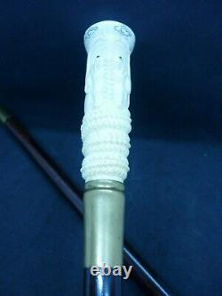 Oriental Carved Bovine Dragon Topper Walking Stick Hardwood Compass Top