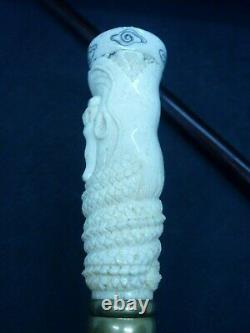 Oriental Carved Bovine Dragon Topper Walking Stick Hardwood Compass Top