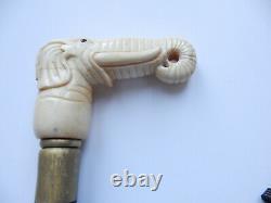 Oriental Carved Elephant Cane Topper Walking Stick Ebonised Wood