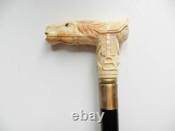 Oriental Carved Horse Cane Topper Walking Stick Ebonised Wood