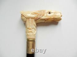 Oriental Carved Horse Cane Topper Walking Stick Ebonised Wood