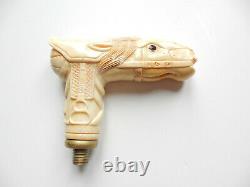 Oriental Carved Horse Cane Topper Walking Stick Ebonised Wood