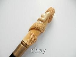 Oriental Carved Mermaid Cane Topper Walking Stick Ebonised Wood