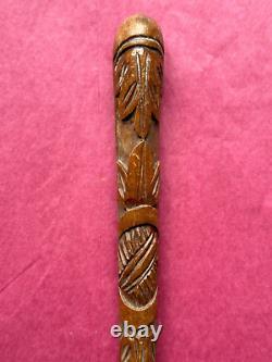 Original Antique Wood Carved Cane Walking Stick head part -Leaves design -24cm