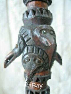 Ornate African Tribal Carved Relief Bird Heads Wood Brutalist Cane Walking Stick