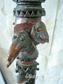 Ornate African Tribal Carved Relief Bird Heads Wood Brutalist Cane Walking Stick