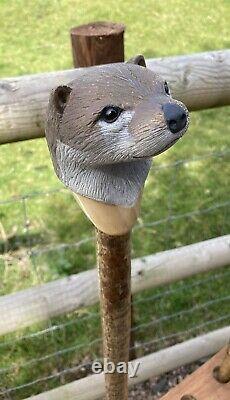 Otter Head Hand Carved in Lime wood Country Walking stick on Hazel Shank