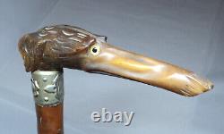 Outanding Carved Horn Greyhound withGlass Eyes Walking Stick Cane withSterling Band