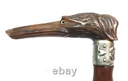 Outanding Carved Horn Greyhound withGlass Eyes Walking Stick Cane withSterling Band