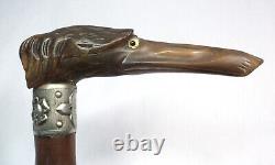 Outanding Carved Horn Greyhound withGlass Eyes Walking Stick Cane withSterling Band