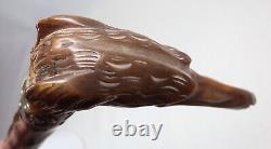 Outanding Carved Horn Greyhound withGlass Eyes Walking Stick Cane withSterling Band