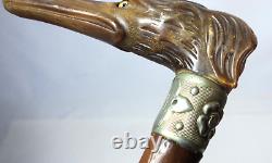 Outanding Carved Horn Greyhound withGlass Eyes Walking Stick Cane withSterling Band