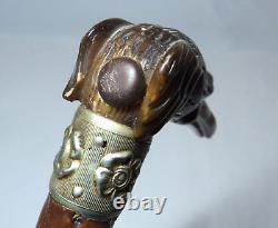 Outanding Carved Horn Greyhound withGlass Eyes Walking Stick Cane withSterling Band