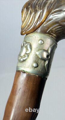 Outanding Carved Horn Greyhound withGlass Eyes Walking Stick Cane withSterling Band